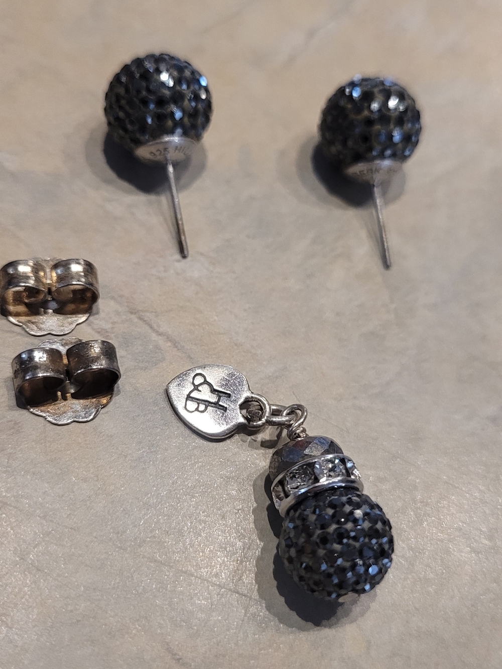 Sterling Silver Black Crystal Ball Stud Earrings with Dangle Charm